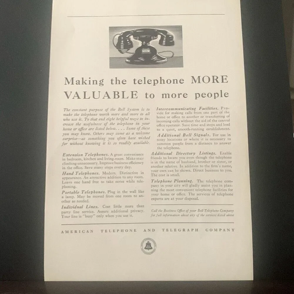 Vintage 1933 American Telephone & Telegraph AT&T More Valuable Ad Advertisement